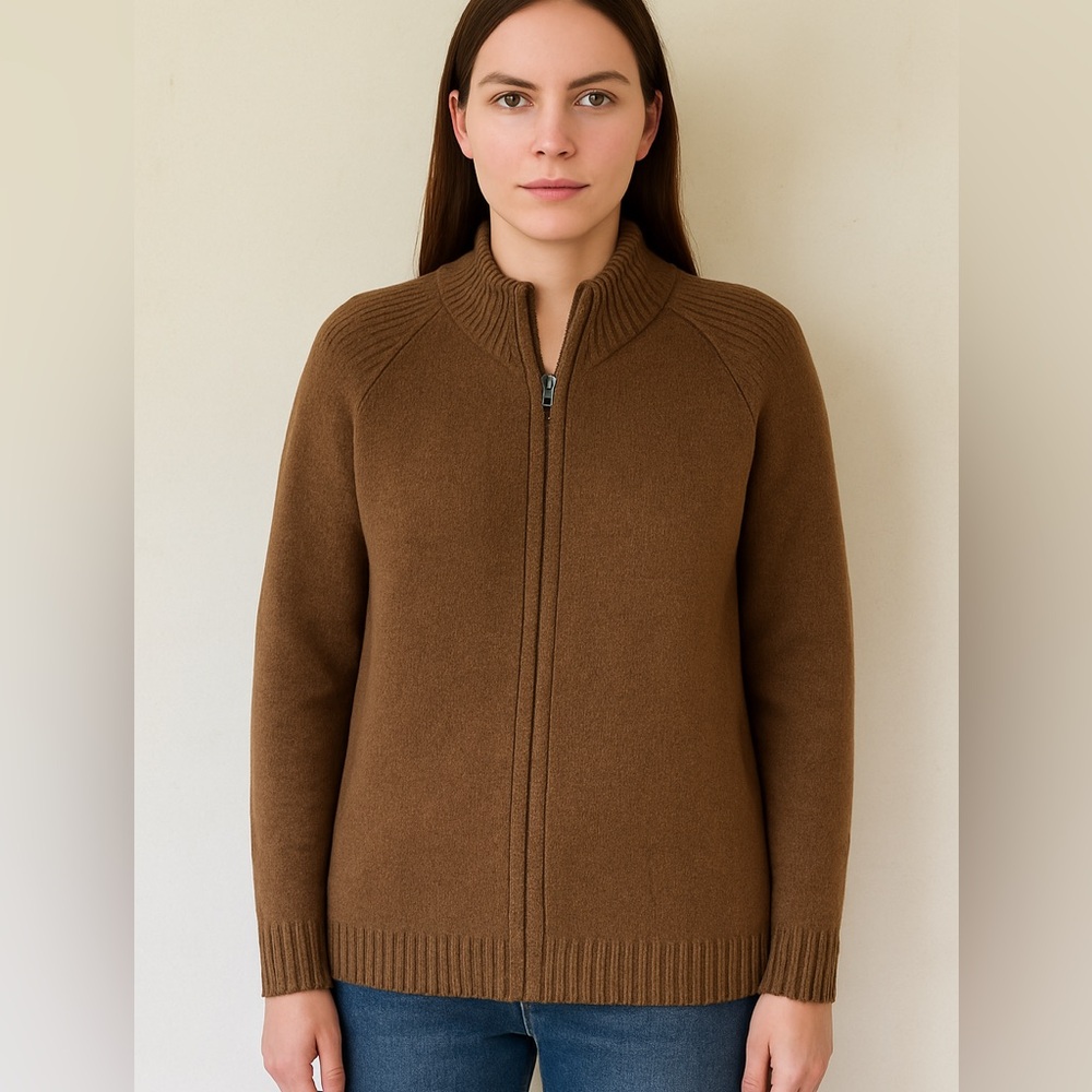 Zip-Front Ribbed Collar Sweater Cardigan in Brown